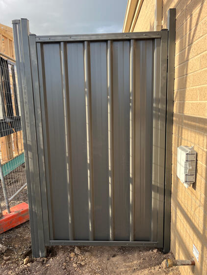 Colorbond side access gate in woodland grey installed for a new home in Clyde North. Custom Colorbond pedestrian gate completed in Clyde North for a repeat customer, designed to provide secure side property access with a matching modern finish.