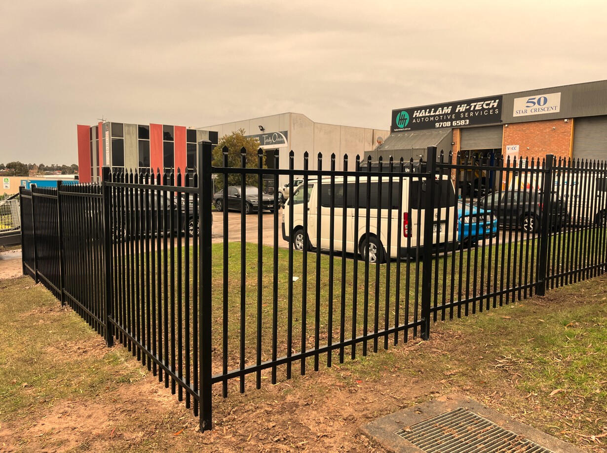 Commercial-grade steel security fencing completed in Hallam for a factory site, designed to improve perimeter protection and long-term industrial security.